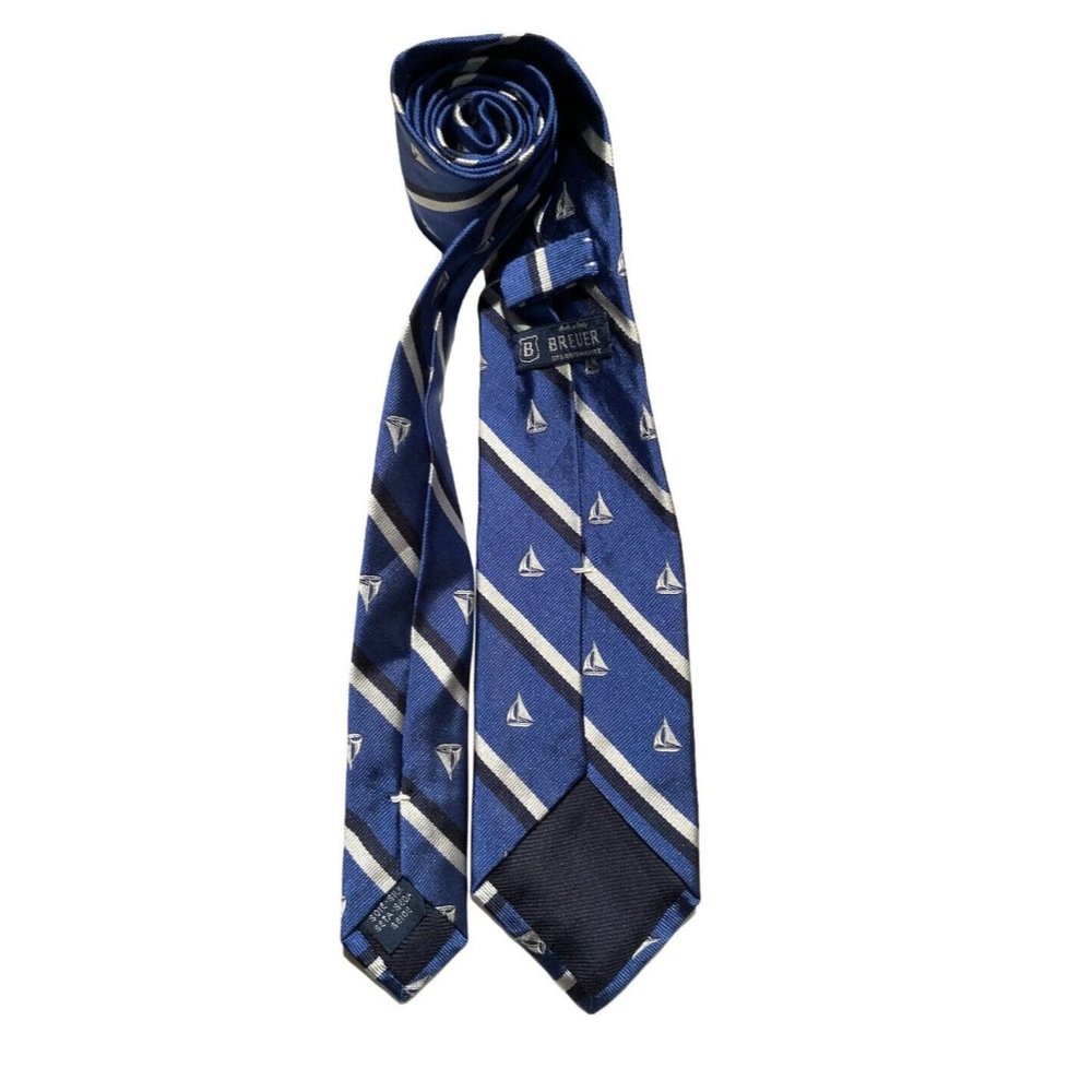 BREUER Blue Striped Boat Silk Tie HANDMADE ITALY 58"/ 3" EC